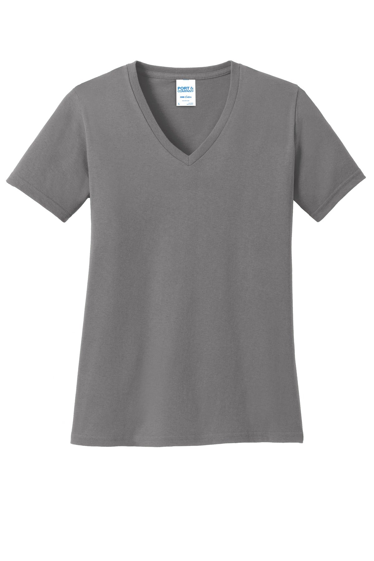 Front View of Medium Grey Port & Co Women's Core Cotton V-Neck Tee. LPC54V