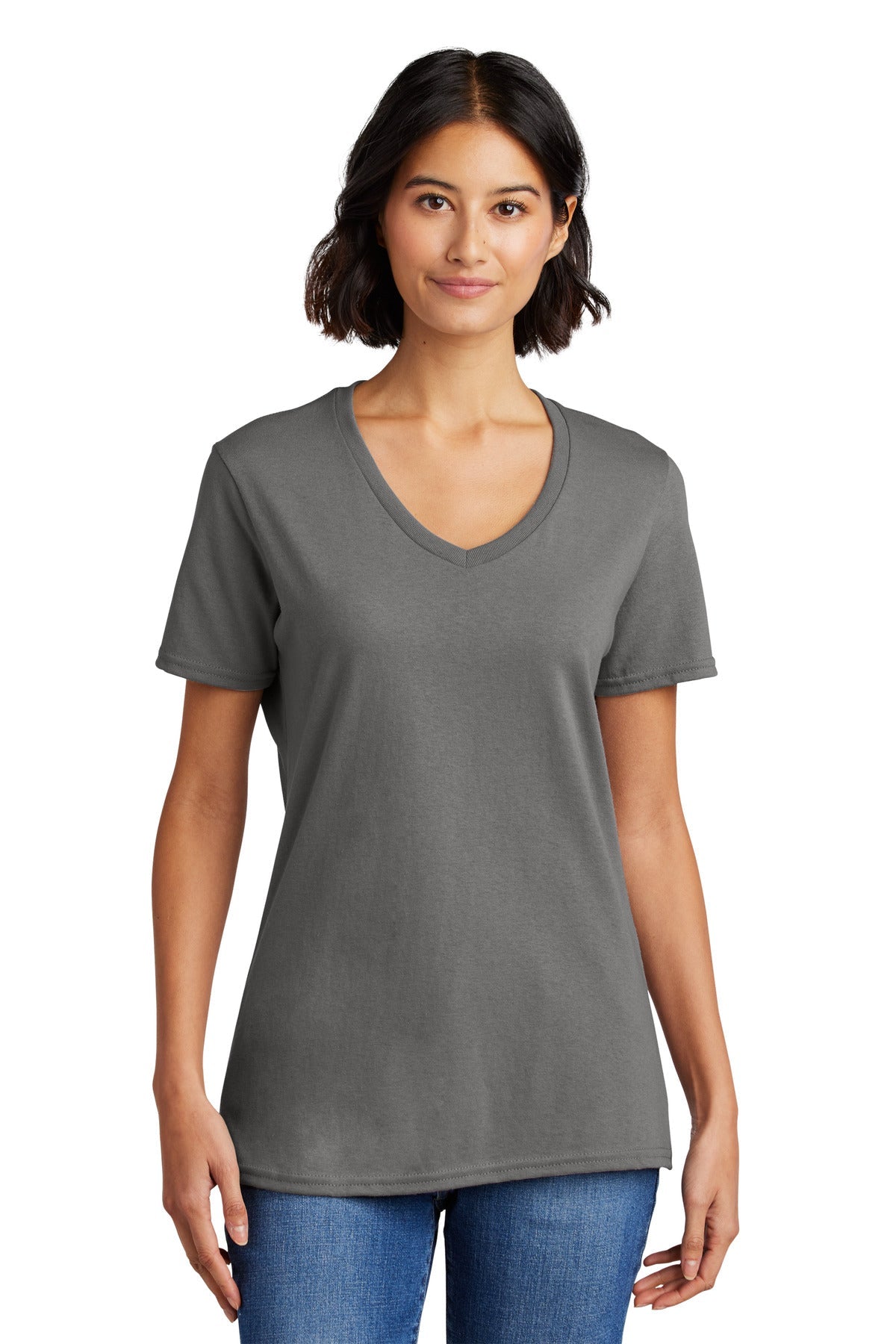 Front View of Medium Grey Port & Co Women's Core Cotton V-Neck Tee. LPC54V