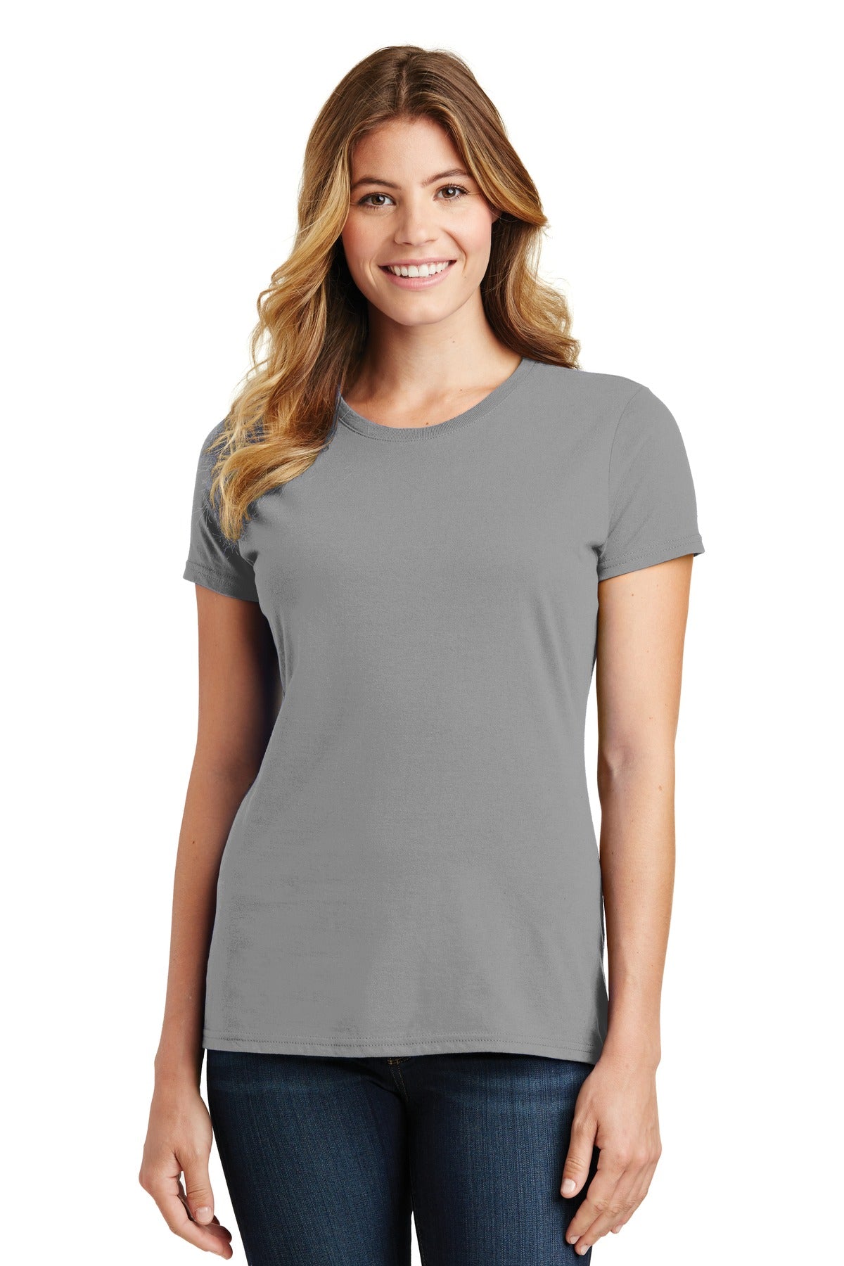 Front View of Medium Grey Port & Co Women's Fan Favorite Tee. LPC450