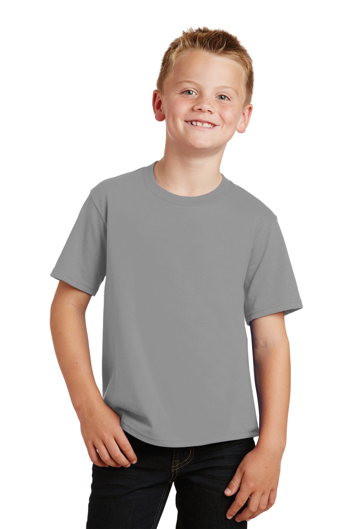 Front View of Medium Grey Port & Co Youth Fan Favorite Tee. PC450Y