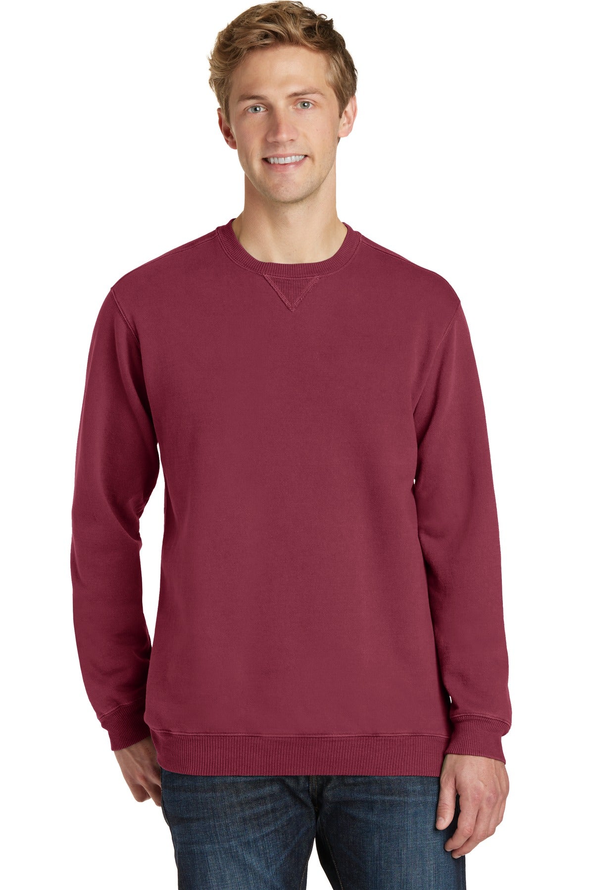 Front View of Merlot Port & Co Beach Wash Garment-Dyed Crewneck Sweatshirt PC098