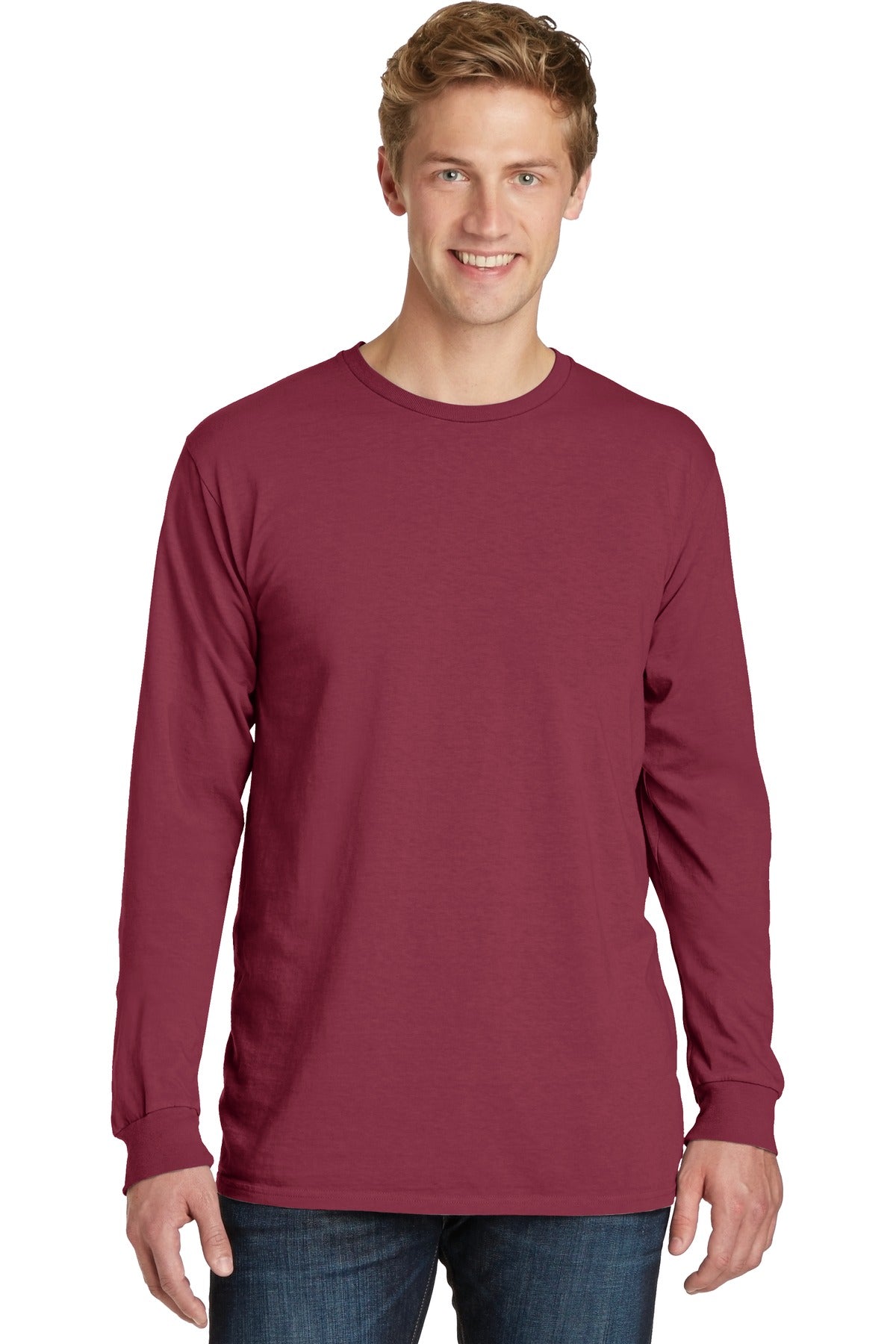 Front View of Merlot Port & Co Beach Wash Garment-Dyed Long Sleeve Tee PC099LS