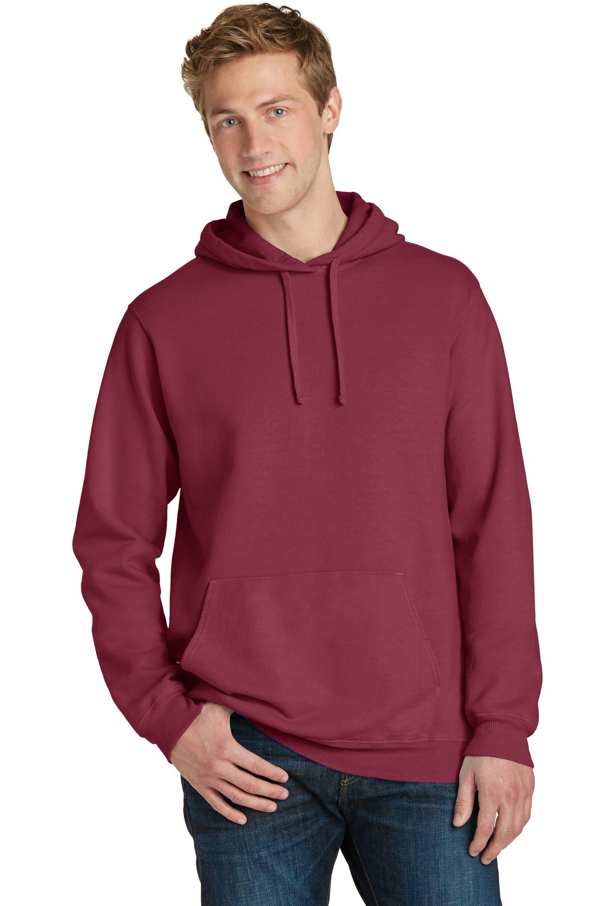 Front View of Merlot Port & Co Beach Wash Garment-Dyed Pullover Hooded Sweatshirt. PC098H