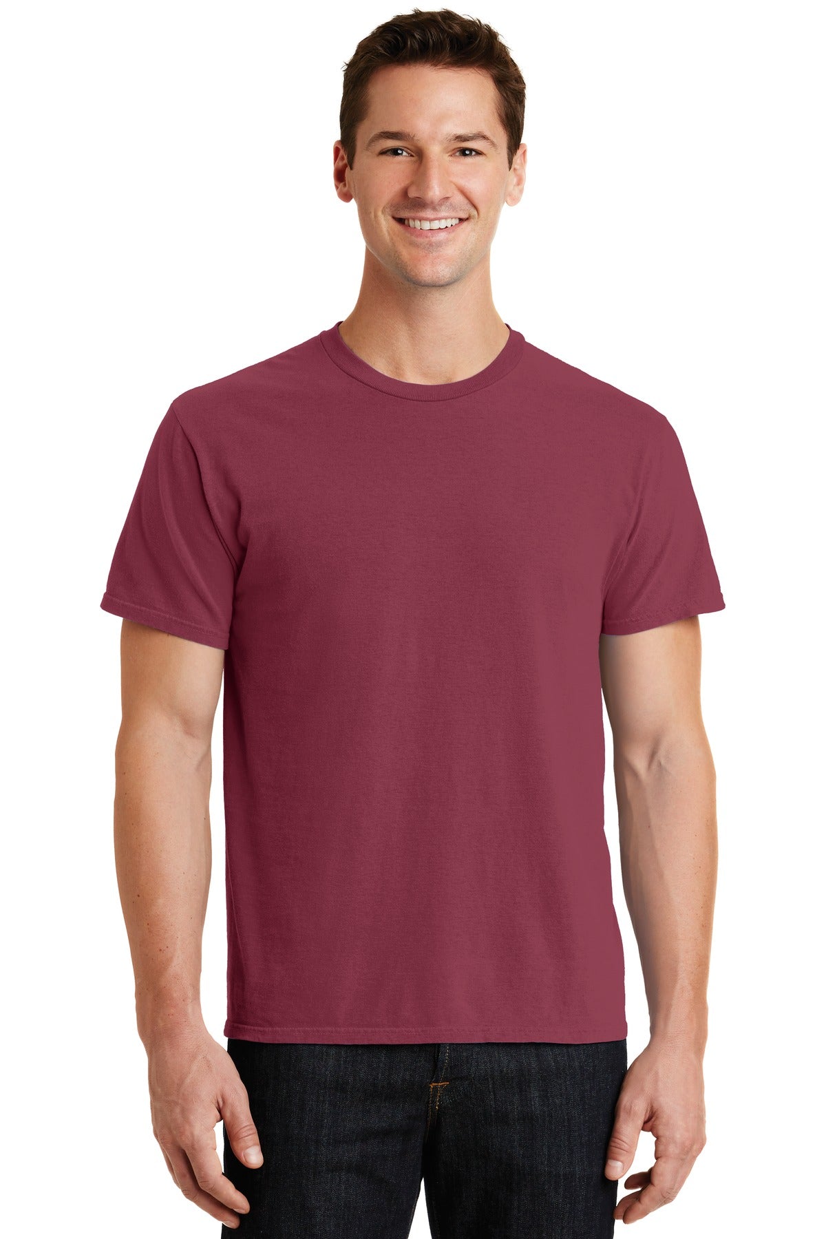 Front View of Merlot Port & Co Beach Wash Garment-Dyed Tee. PC099