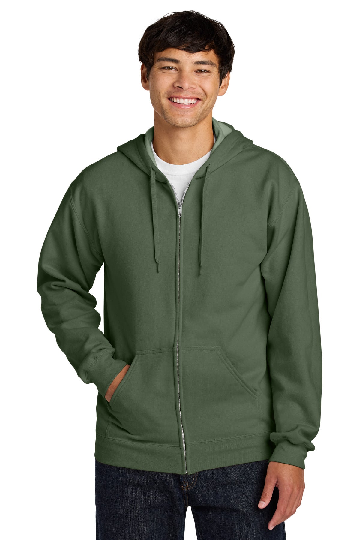 Front View of MilGreen Gildan Softstyle Midweight Fleece Full-Zip Hooded Sweatshirt SF600