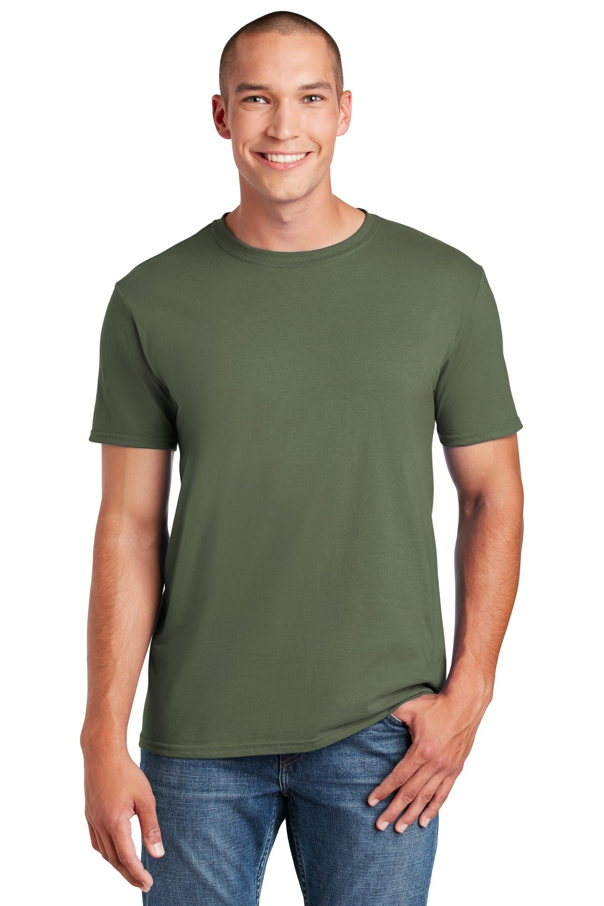 Front View of MilGreen Gildan Softstyle T-Shirt. 64000