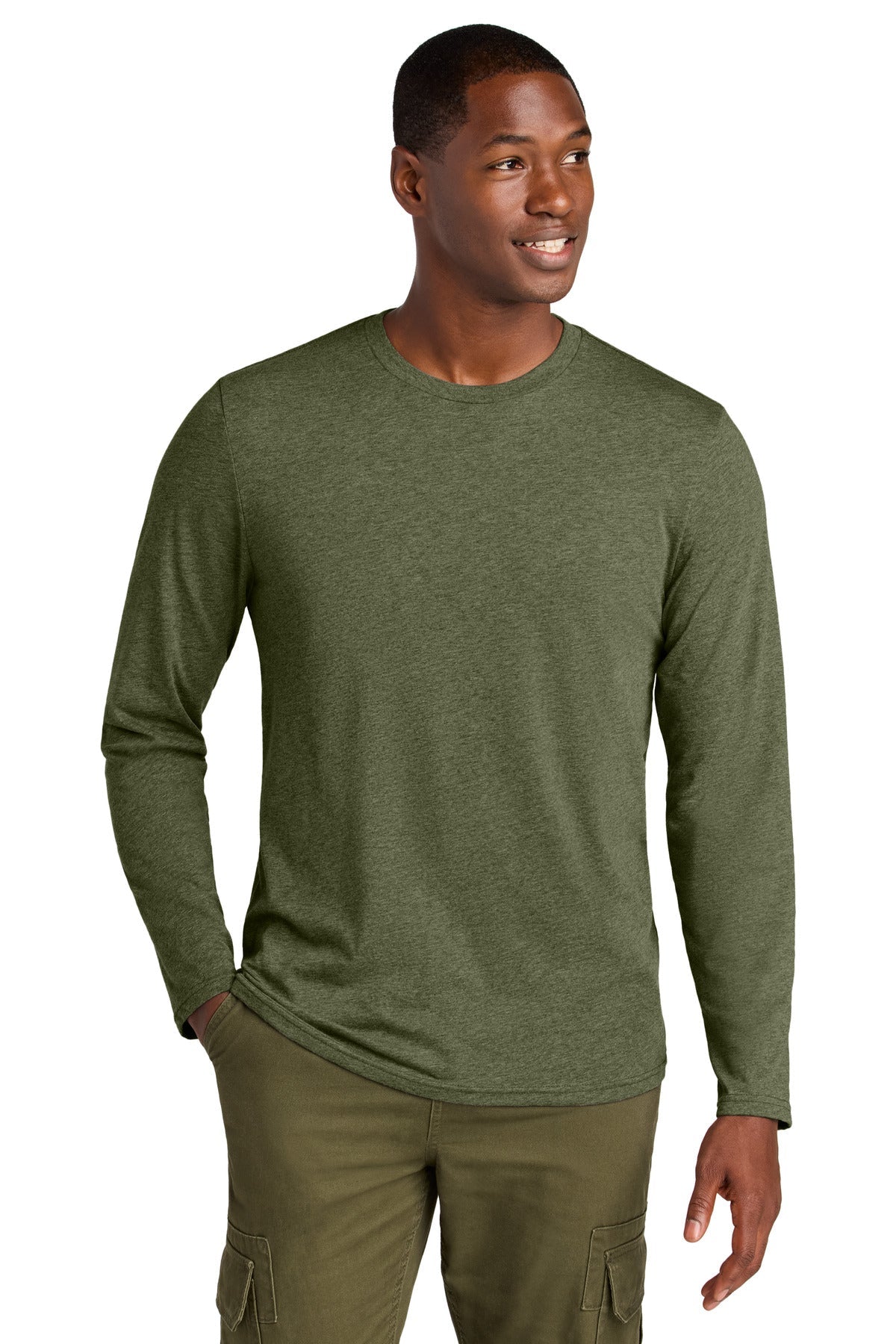 Front View of MilGrnHtr District Perfect Weight CVC Long Sleeve Tee DT185