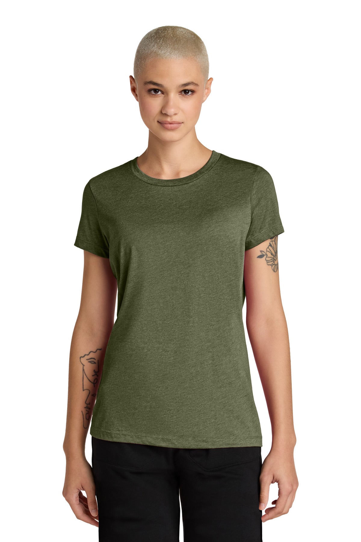 Front View of MilGrnHtr District Women's Perfect Weight CVC Tee DT188