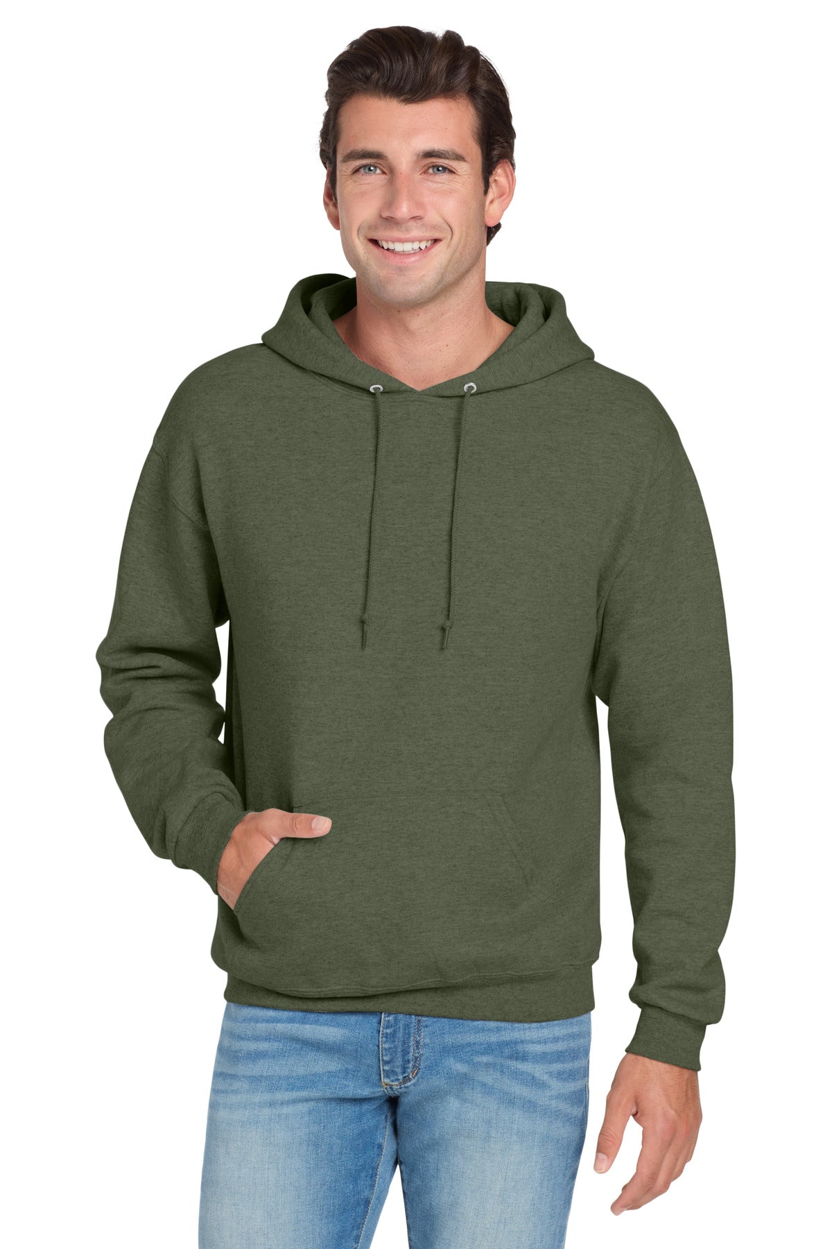 Front View of MilGrnHtr Jerzees NuBlend Pullover Hooded Sweatshirt. 996M