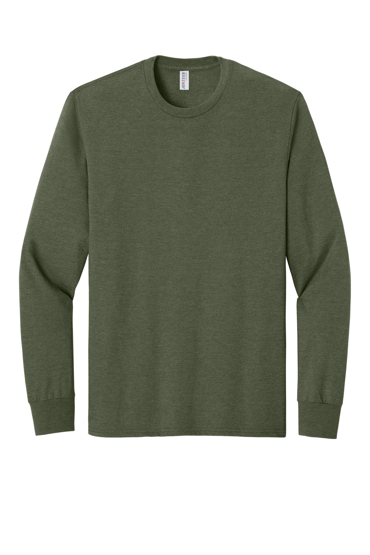 Front View of MilGrnHtr Jerzees Ultimate Unisex Ring Spun Long Sleeve T-Shirt IC46L