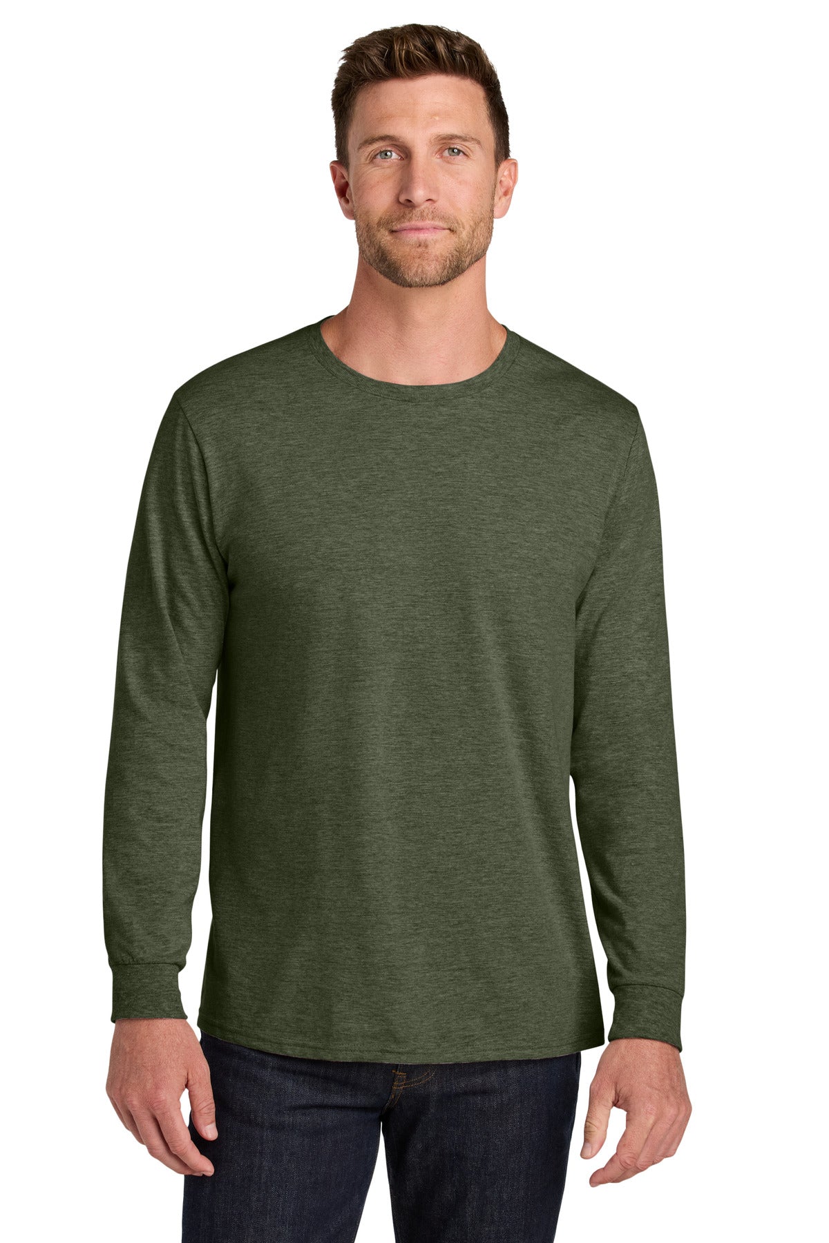 Front View of MilGrnHtr Jerzees Ultimate Unisex Ring Spun Long Sleeve T-Shirt IC46L
