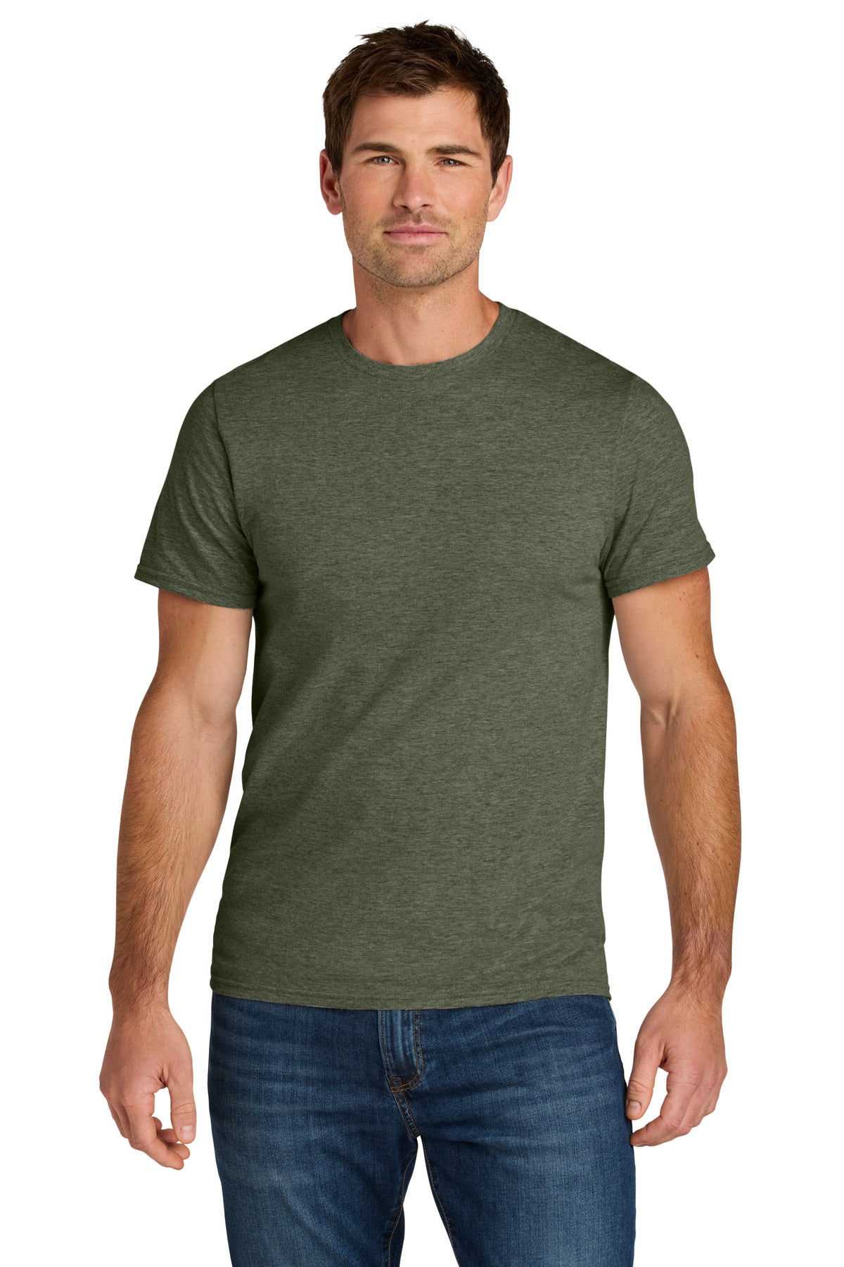 Front View of MilGrnHtr Jerzees Ultimate Unisex Ring Spun T-Shirt IC46M