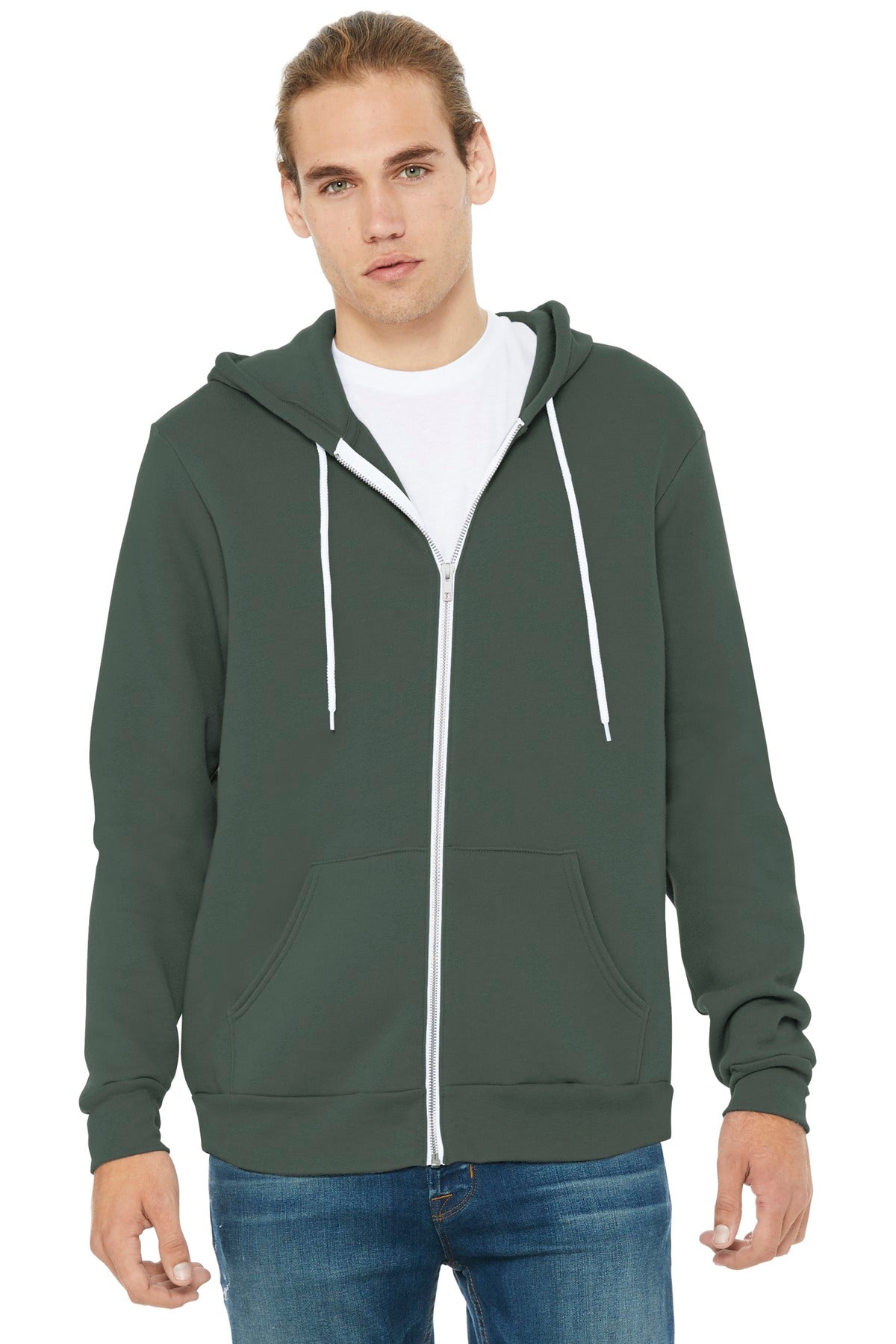 Front View of Military Green BELLA+CANVAS Unisex Sponge Fleece Full-Zip Hoodie. BC3739