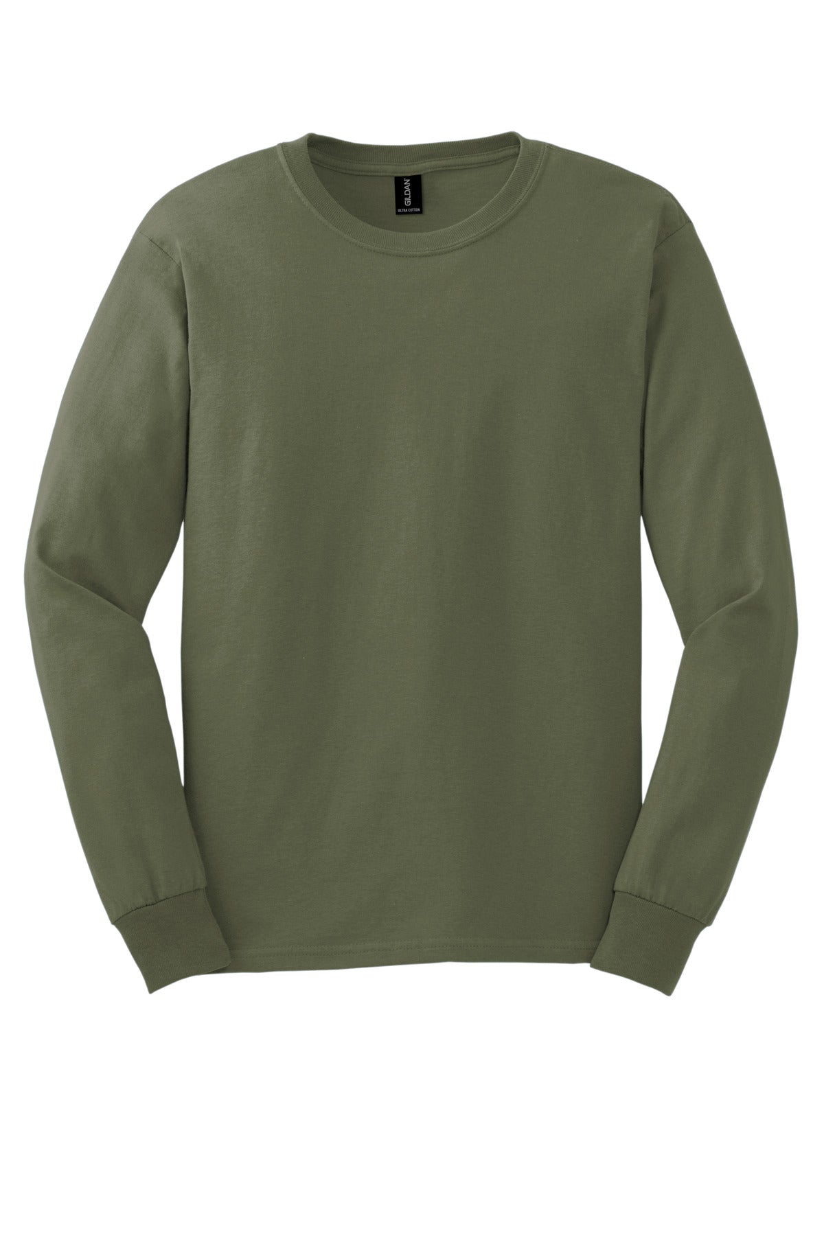 Front View of Military Green Gildan - Ultra Cotton 100% US Cotton Long Sleeve T-Shirt. G2400