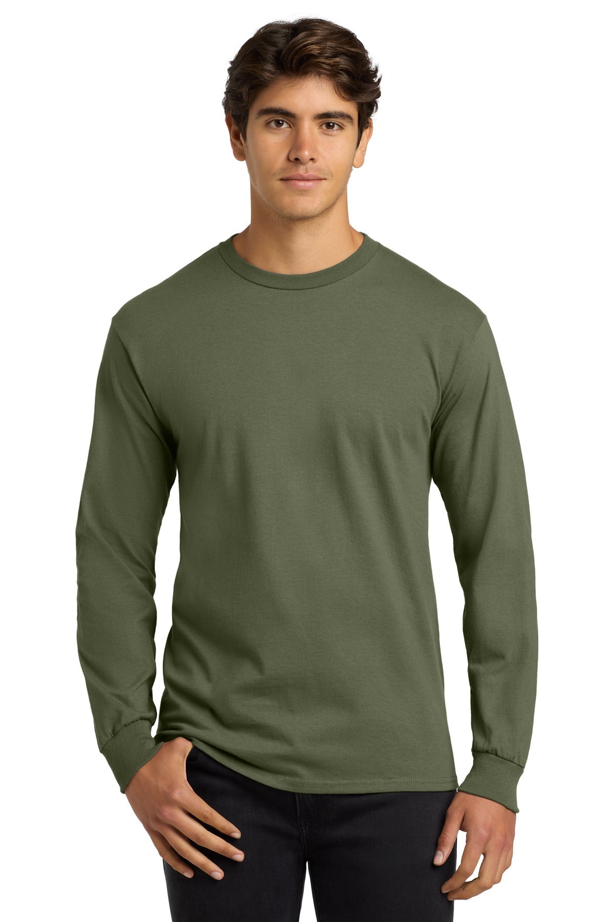Front View of Military Green Gildan - Ultra Cotton 100% US Cotton Long Sleeve T-Shirt. G2400