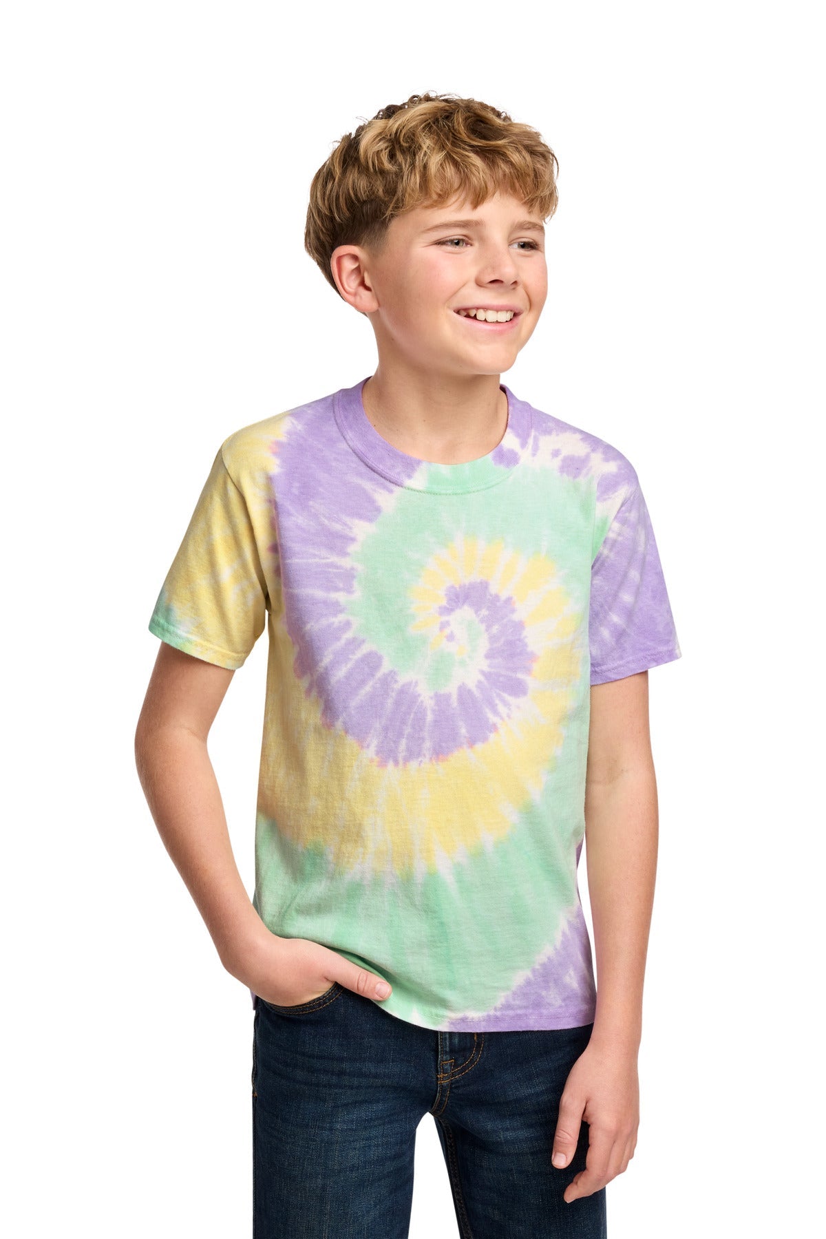 Front View of MintRnbw Port & Co Youth Tie-Dye Tee. PC147Y