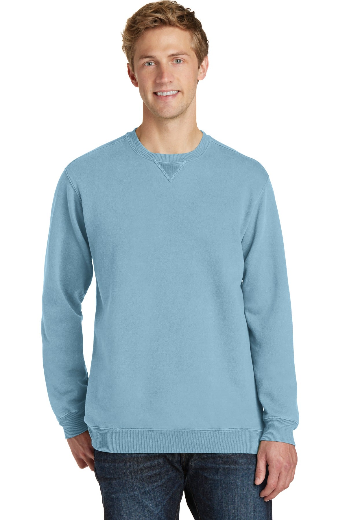 Front View of Mist Port & Co Beach Wash Garment-Dyed Crewneck Sweatshirt PC098