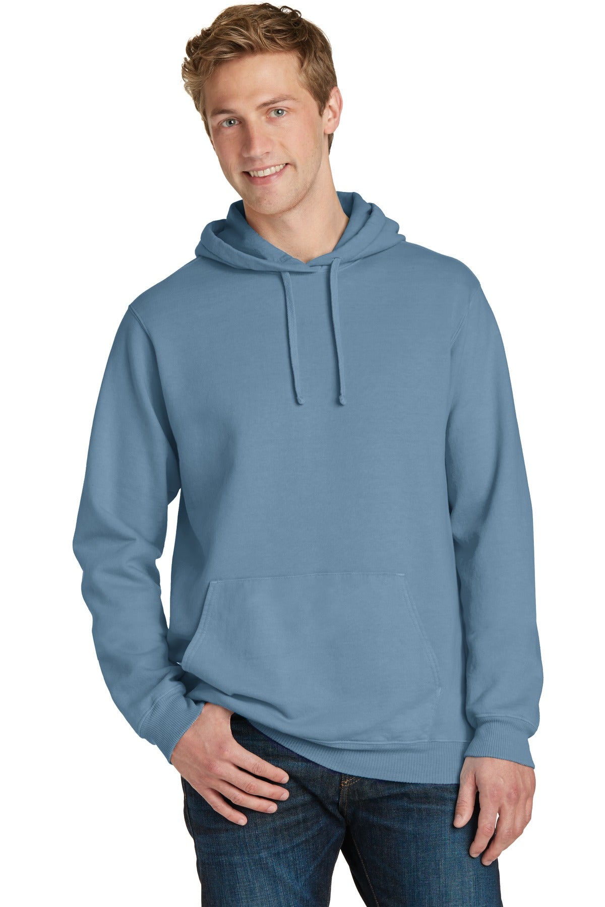 Front View of Mist Port & Co Beach Wash Garment-Dyed Pullover Hooded Sweatshirt. PC098H
