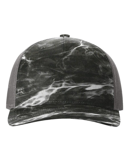 Front View of Mossy Oak Elements Blacktip/ Charcoal Five-Panel Printed Trucker Cap - 112PFP