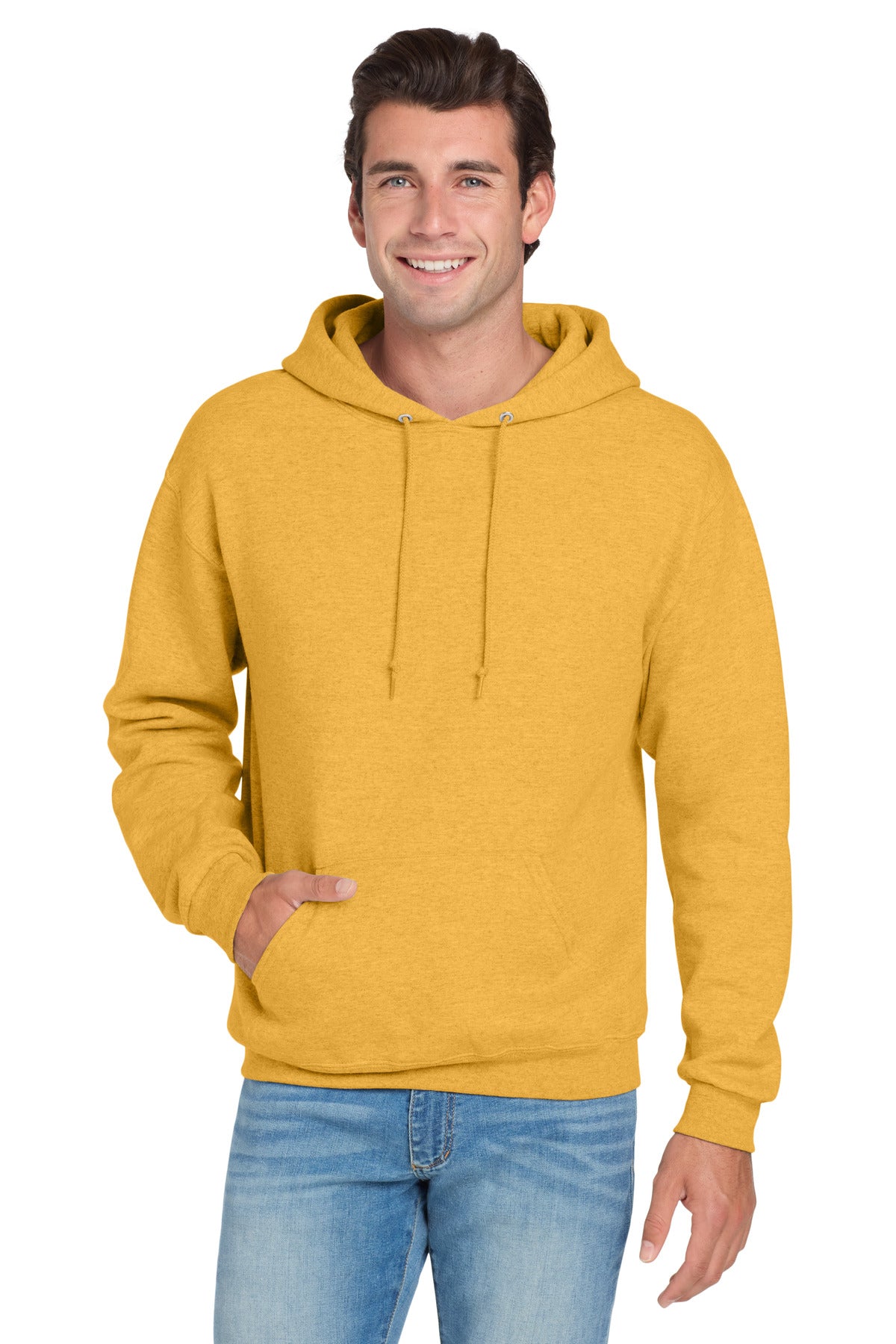 Front View of MustardHtr Jerzees NuBlend Pullover Hooded Sweatshirt. 996M