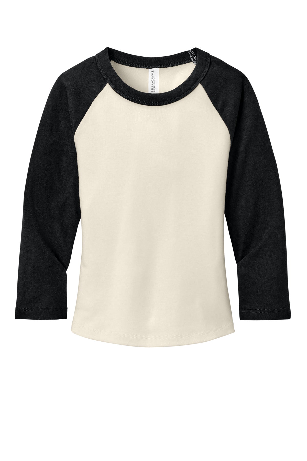 Front View of Nat/Black BELLA+CANVAS Women's Micro Rib 3/4 Raglan Baby Tee BC1200