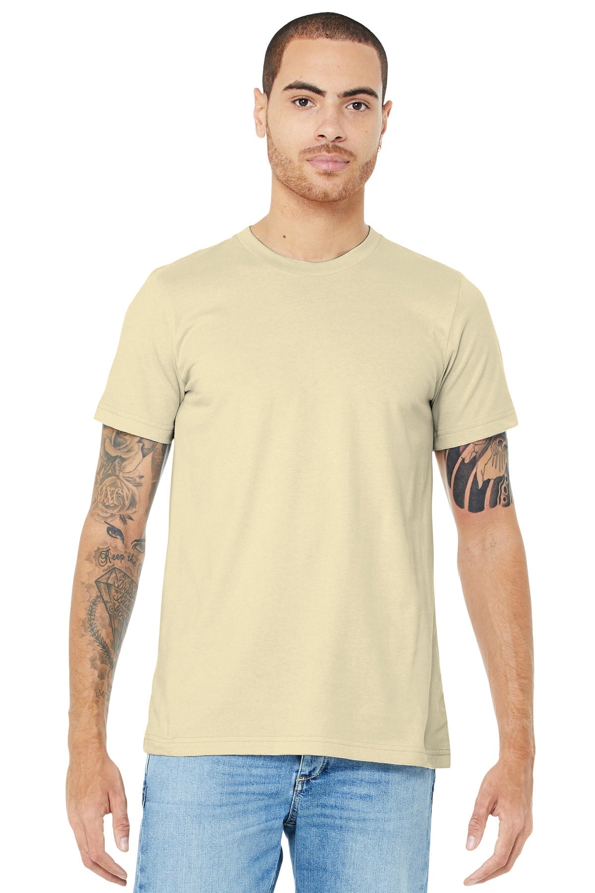 Front View of Natural BELLA+CANVAS Unisex Jersey Short Sleeve Tee. BC3001