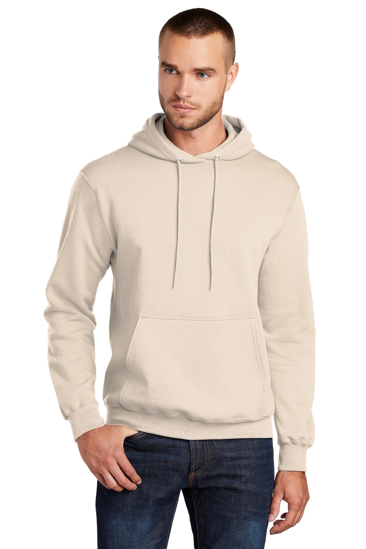 Front View of Natural Port & Co Core Fleece Pullover Hooded Sweatshirt. PC78H