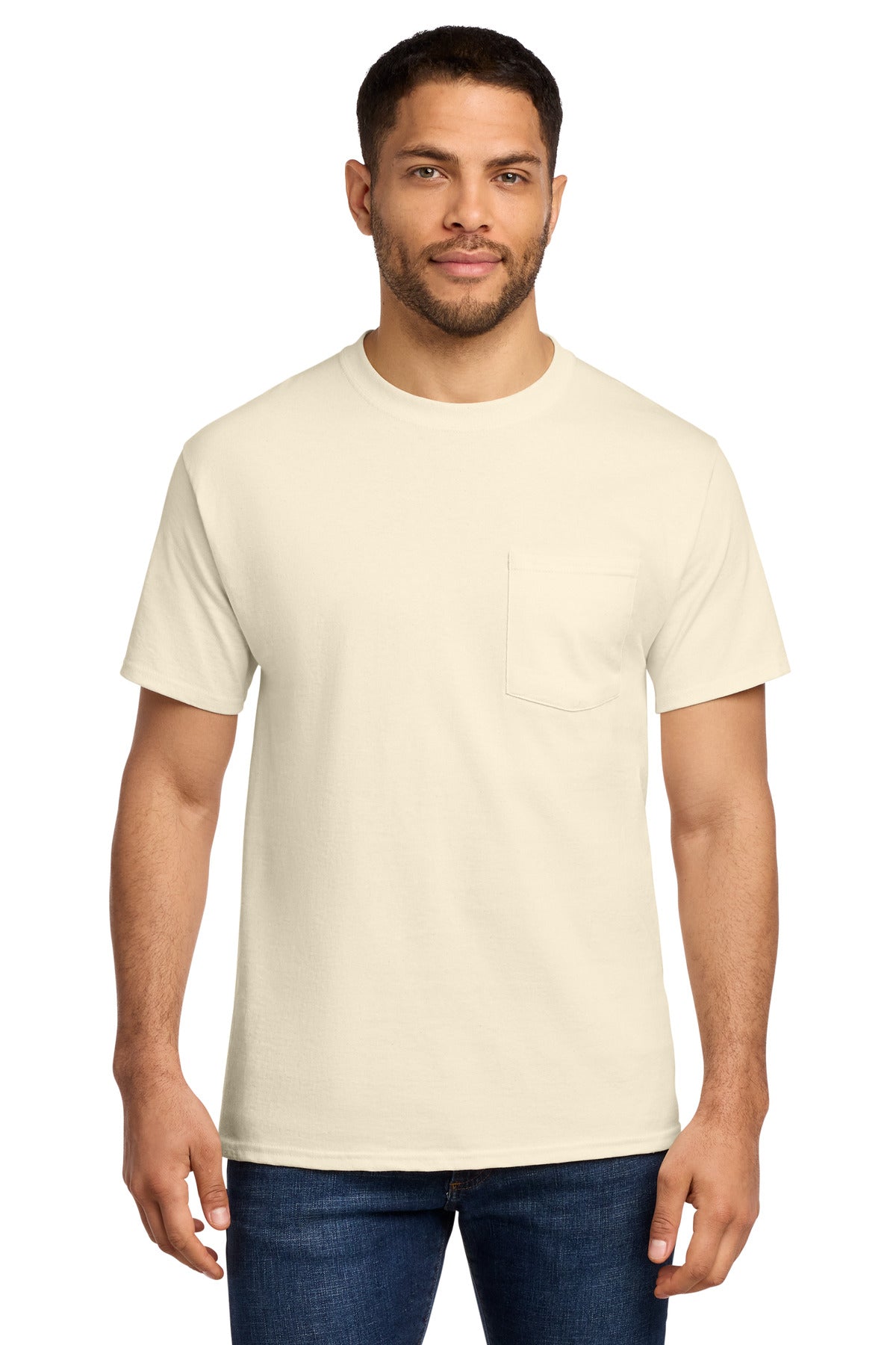 Front View of Natural Port & Co Essential Pocket Tee. PC61P