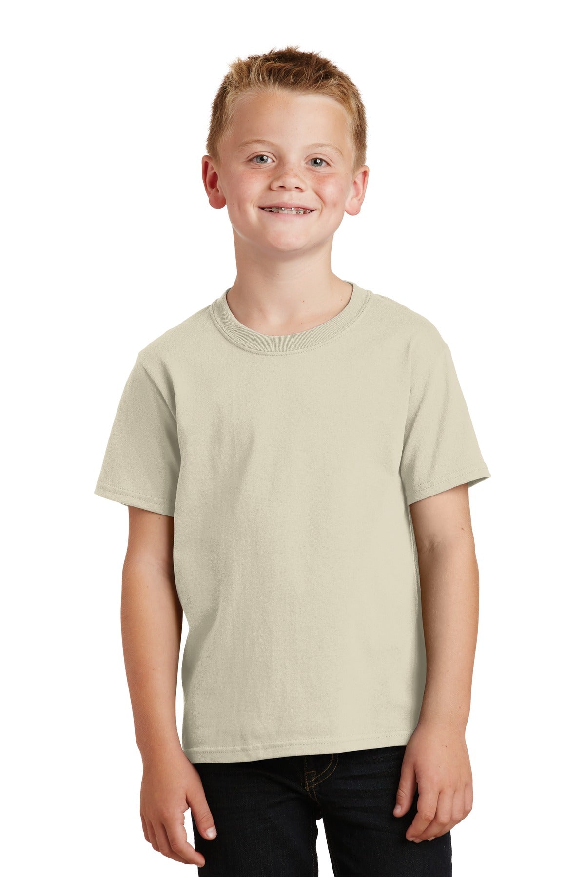 Front View of Natural Port & Co Youth Core Cotton Tee. PC54Y