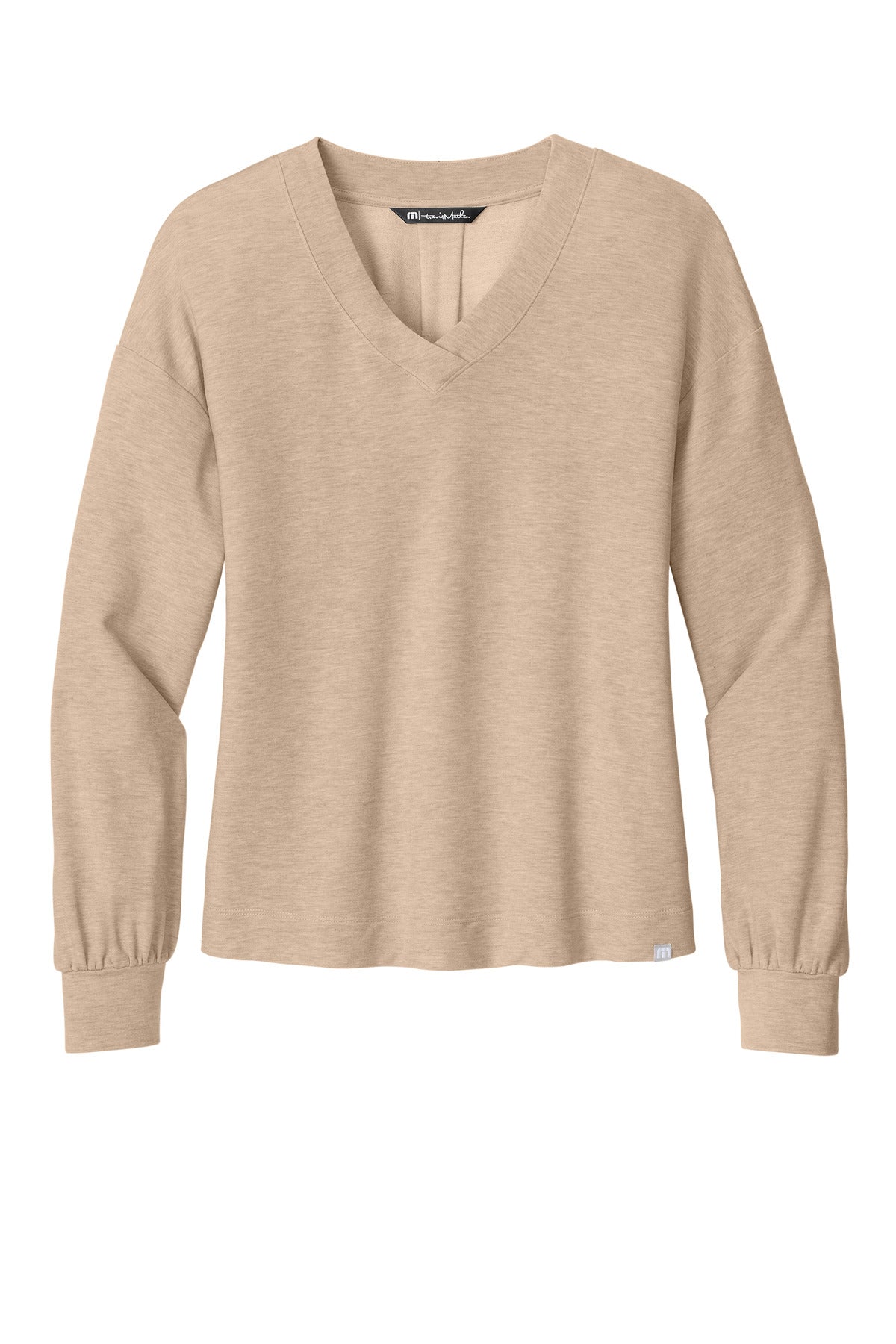 Front View of NaturalHtr TravisMathew Women's Long Weekend V-Neck TM1LD009