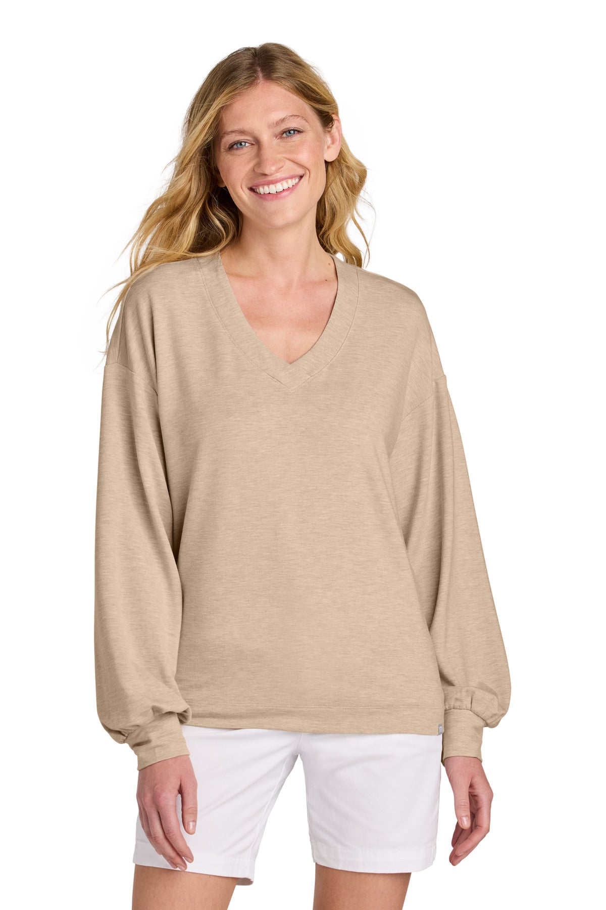 Front View of NaturalHtr TravisMathew Women's Long Weekend V-Neck TM1LD009