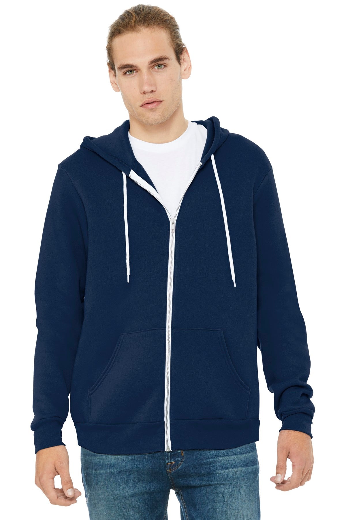 Front View of Navy BELLA+CANVAS Unisex Sponge Fleece Full-Zip Hoodie. BC3739