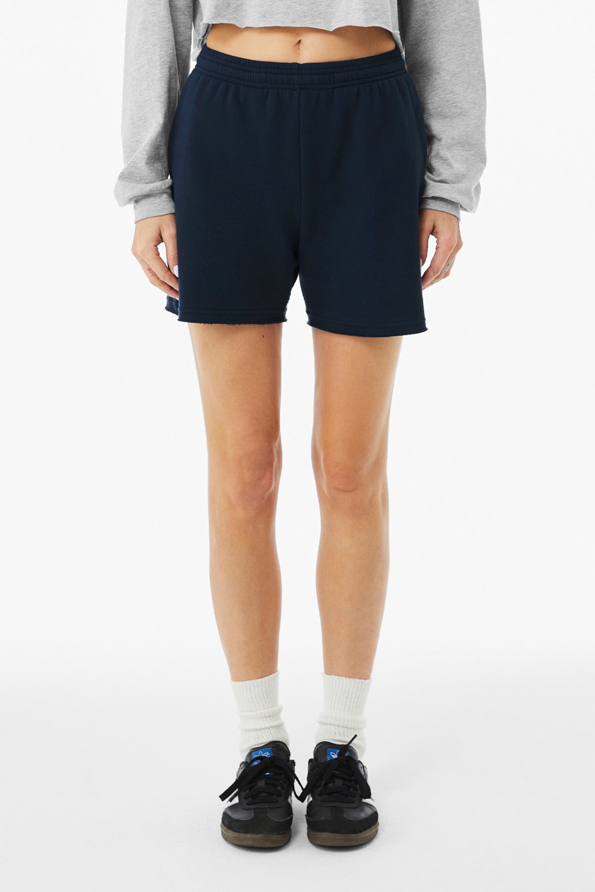 Front View of Navy BELLA+CANVAS Women's Cutoff Sweatshort BC3787