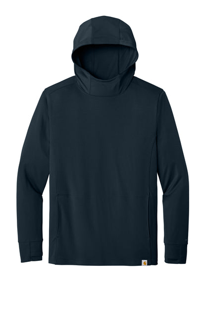 Front View of Navy Carhartt Force Sun Defender Long Sleeve Hooded T-Shirt CT106923