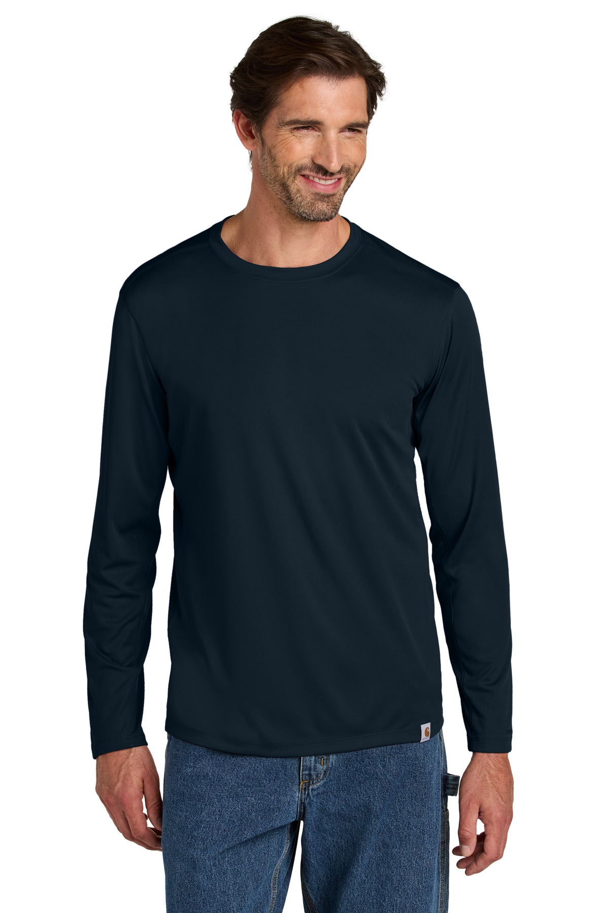 Front View of Navy Carhartt Force Sun Defender Long Sleeve T-Shirt CT106972