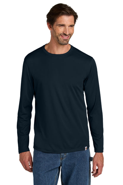 Front View of Navy Carhartt Force Sun Defender Long Sleeve T-Shirt CT106972