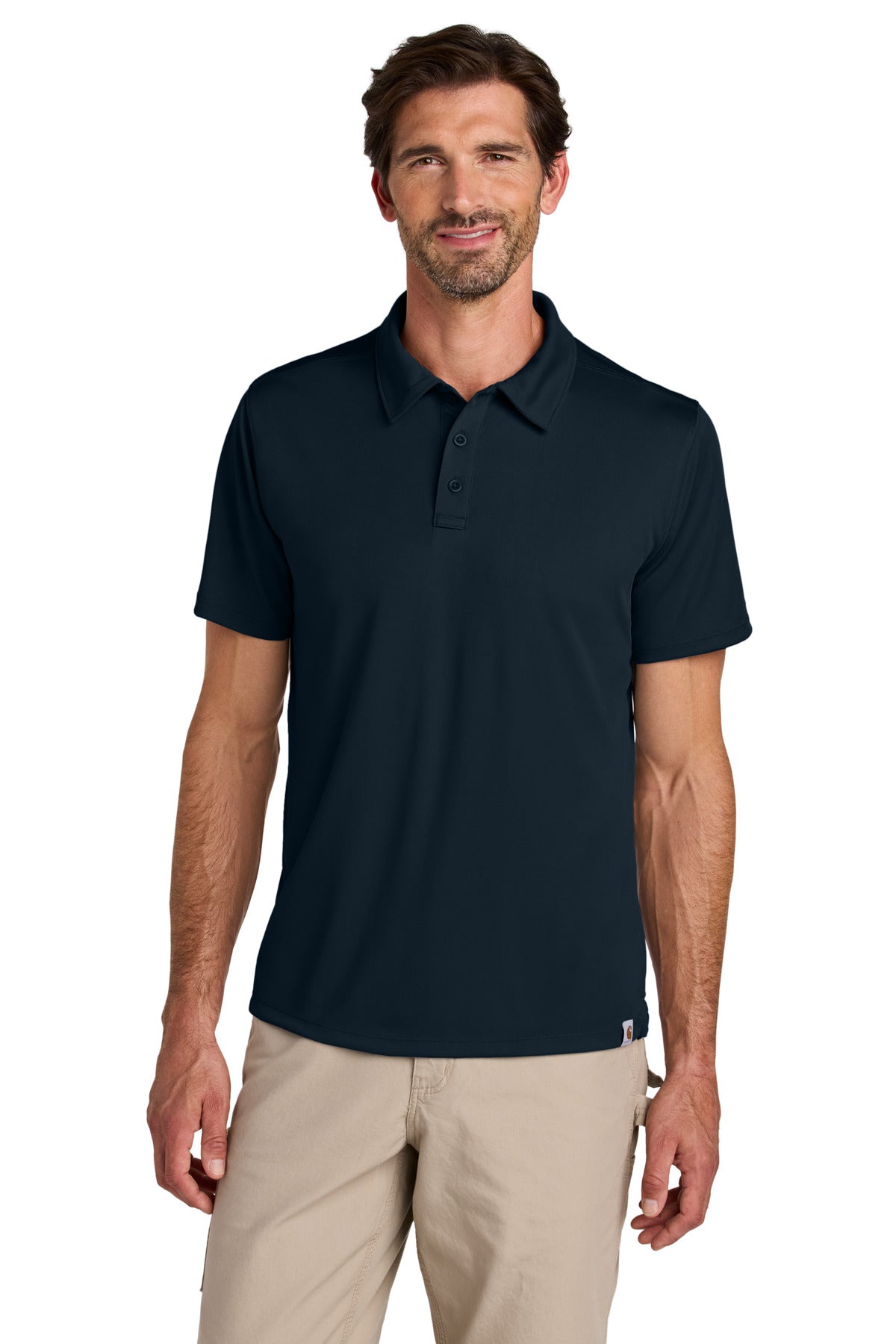 Front View of Navy Carhartt Force Sun Defender Polo CT106899