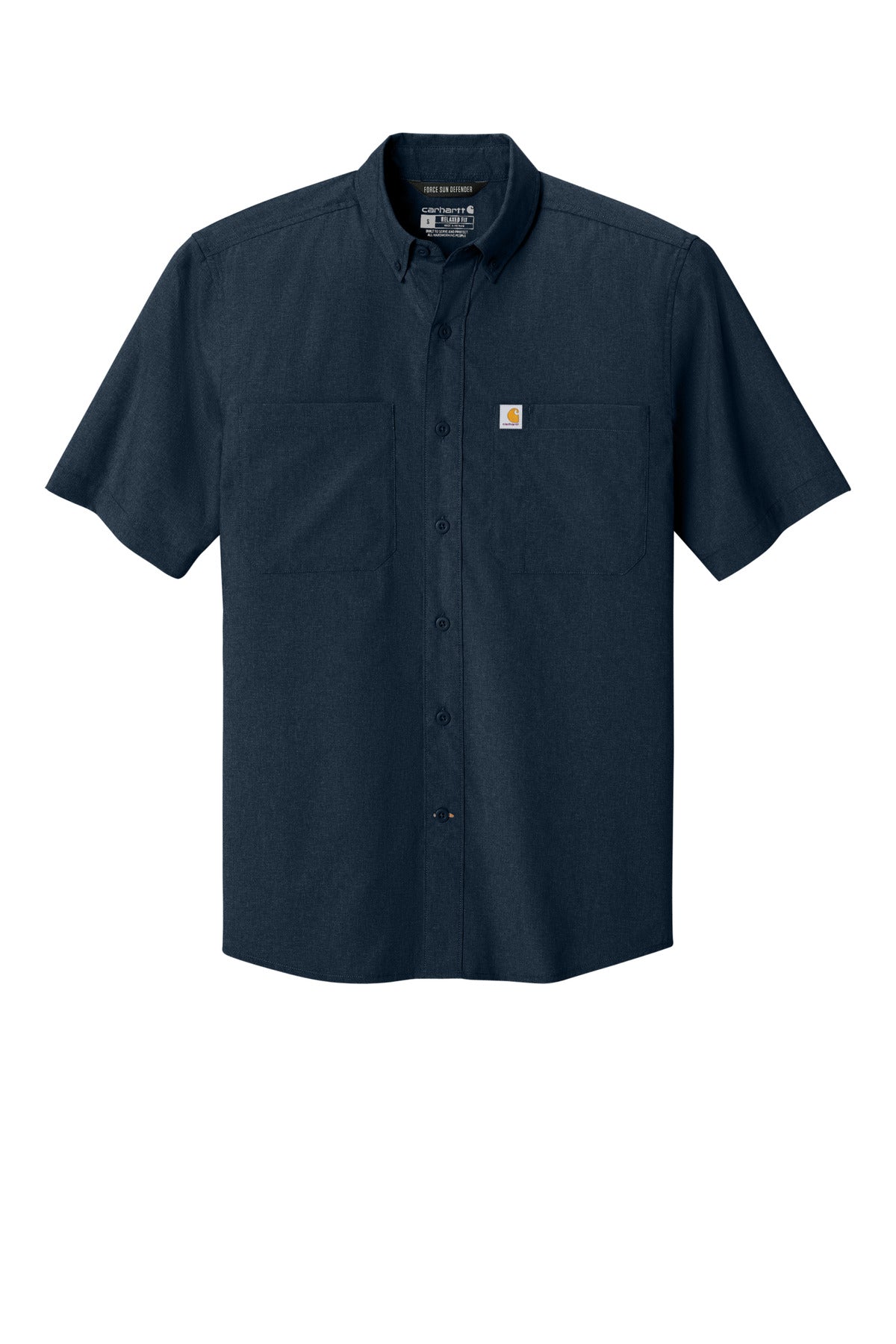 Front View of Navy Carhartt Force Sun Defender Short Sleeve Shirt CT107107