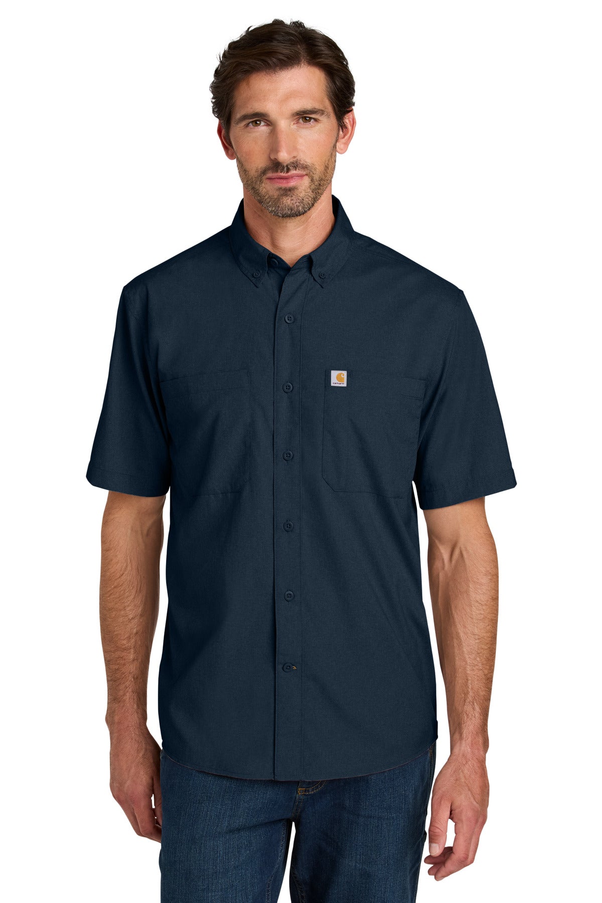 Front View of Navy Carhartt Force Sun Defender Short Sleeve Shirt CT107107