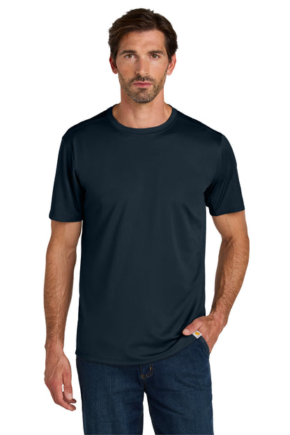 Front View of Navy Carhartt Force Sun Defender Short Sleeve T-Shirt CT106868
