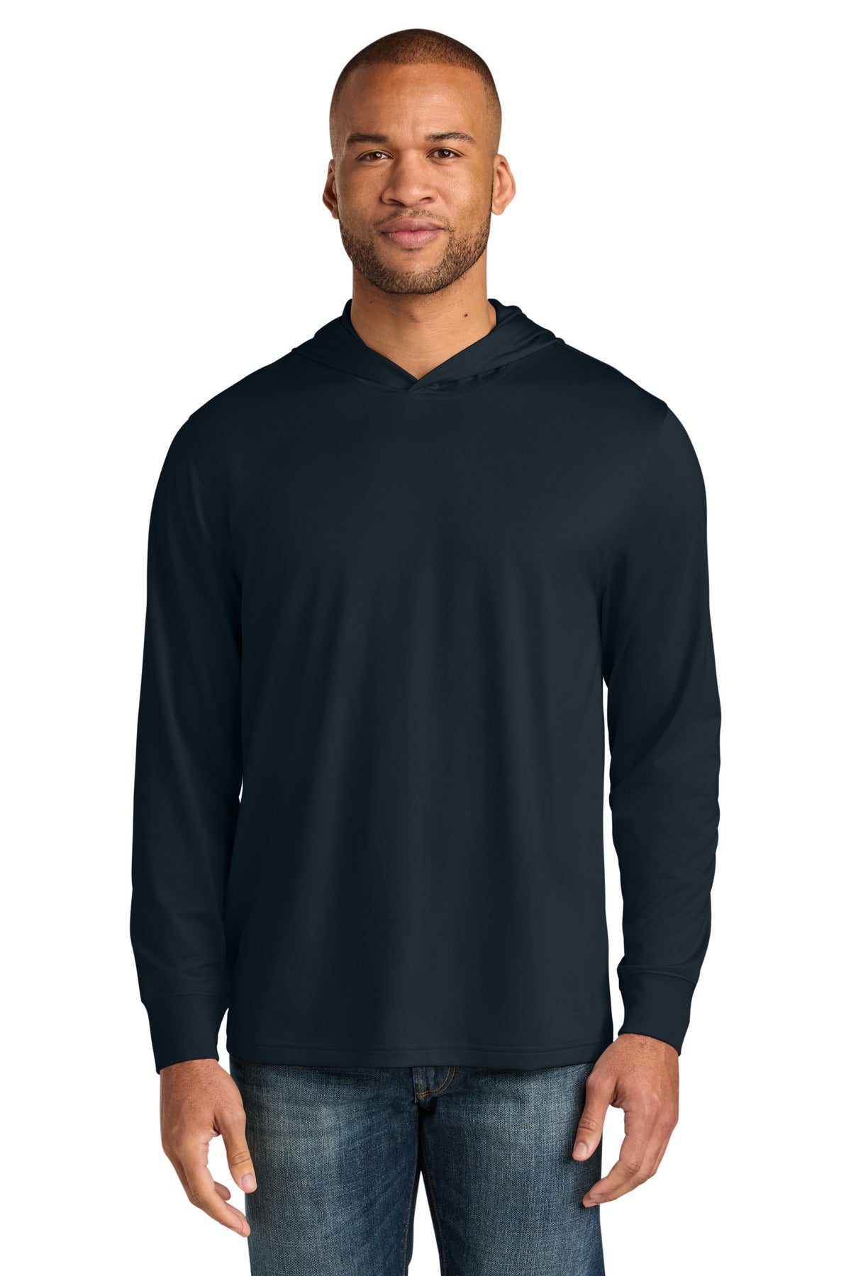 Front View of Navy CornerStone Workwear Pro Long Sleeve Hooded Tee CS440LSH