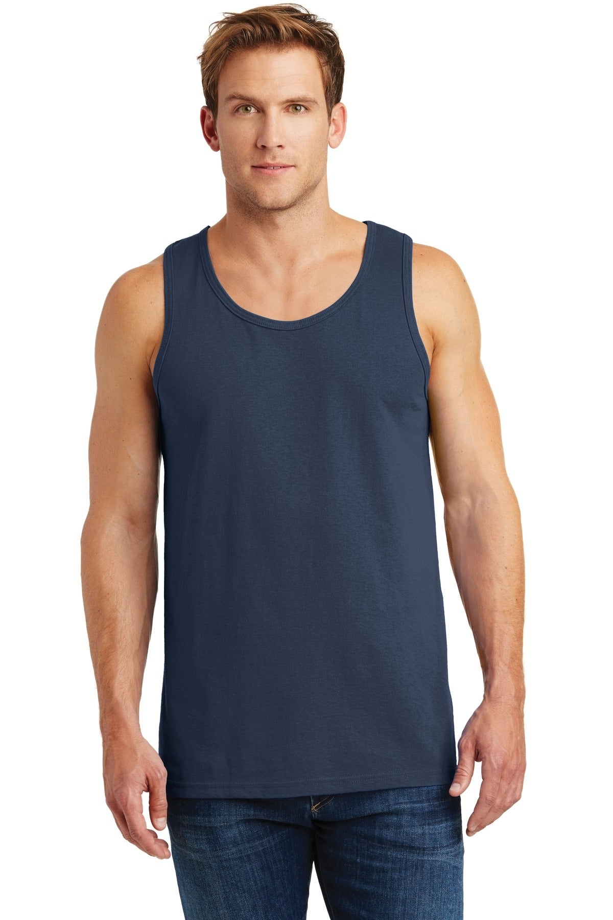 Front View of Navy Gildan Heavy Cotton Tank Top. G5200