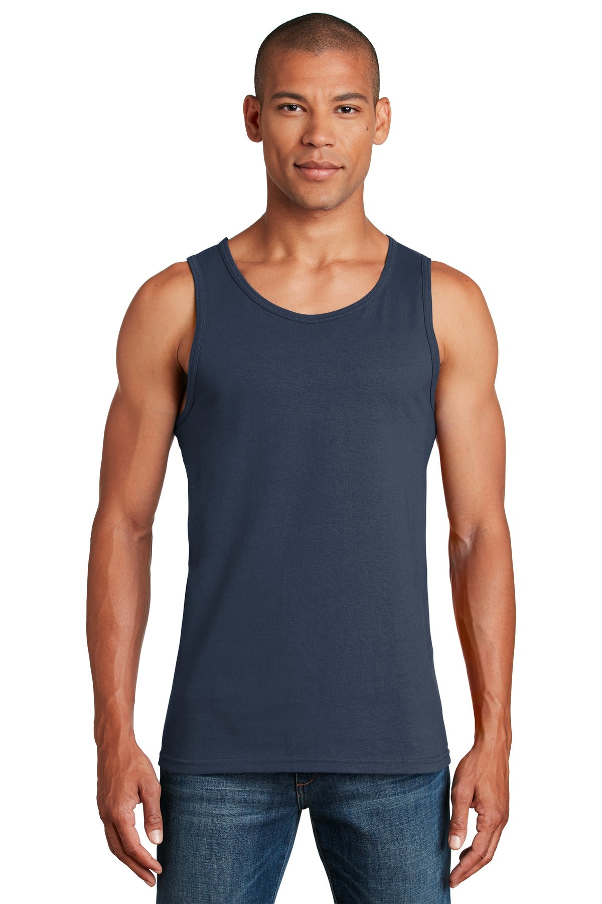Front View of Navy Gildan Heavy Cotton Tank Top. G5200