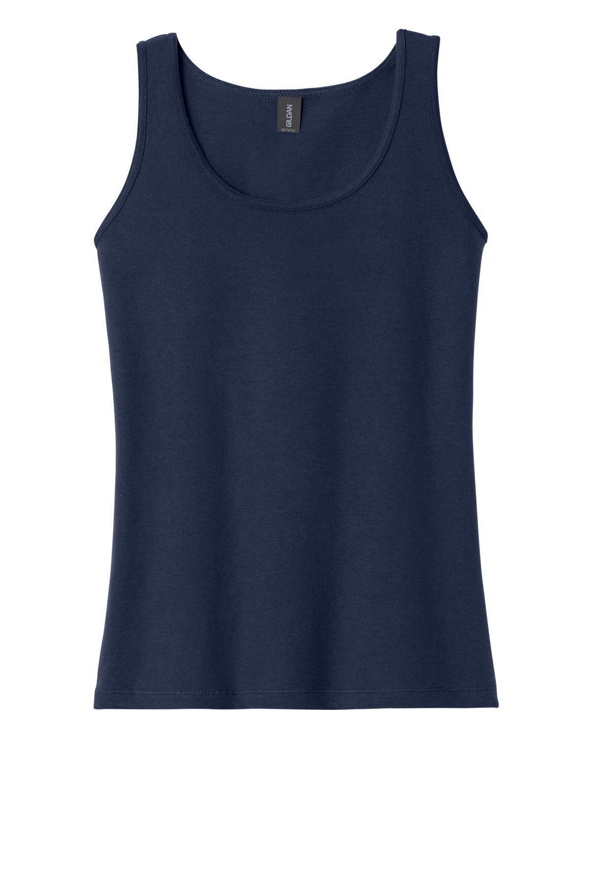 Front View of Navy Gildan Softstyle Junior Fit Tank Top. 64200L