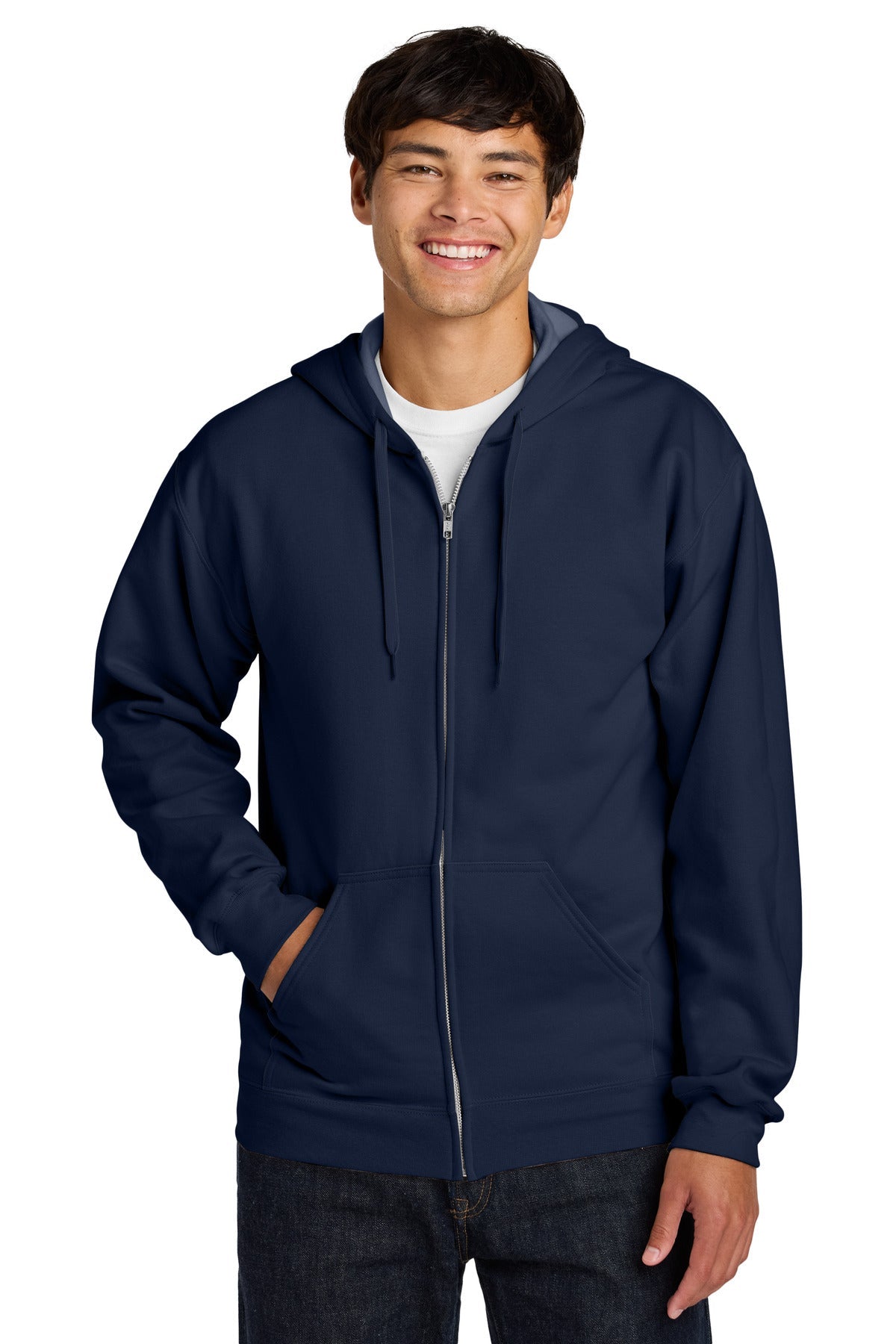 Front View of Navy Gildan Softstyle Midweight Fleece Full-Zip Hooded Sweatshirt SF600