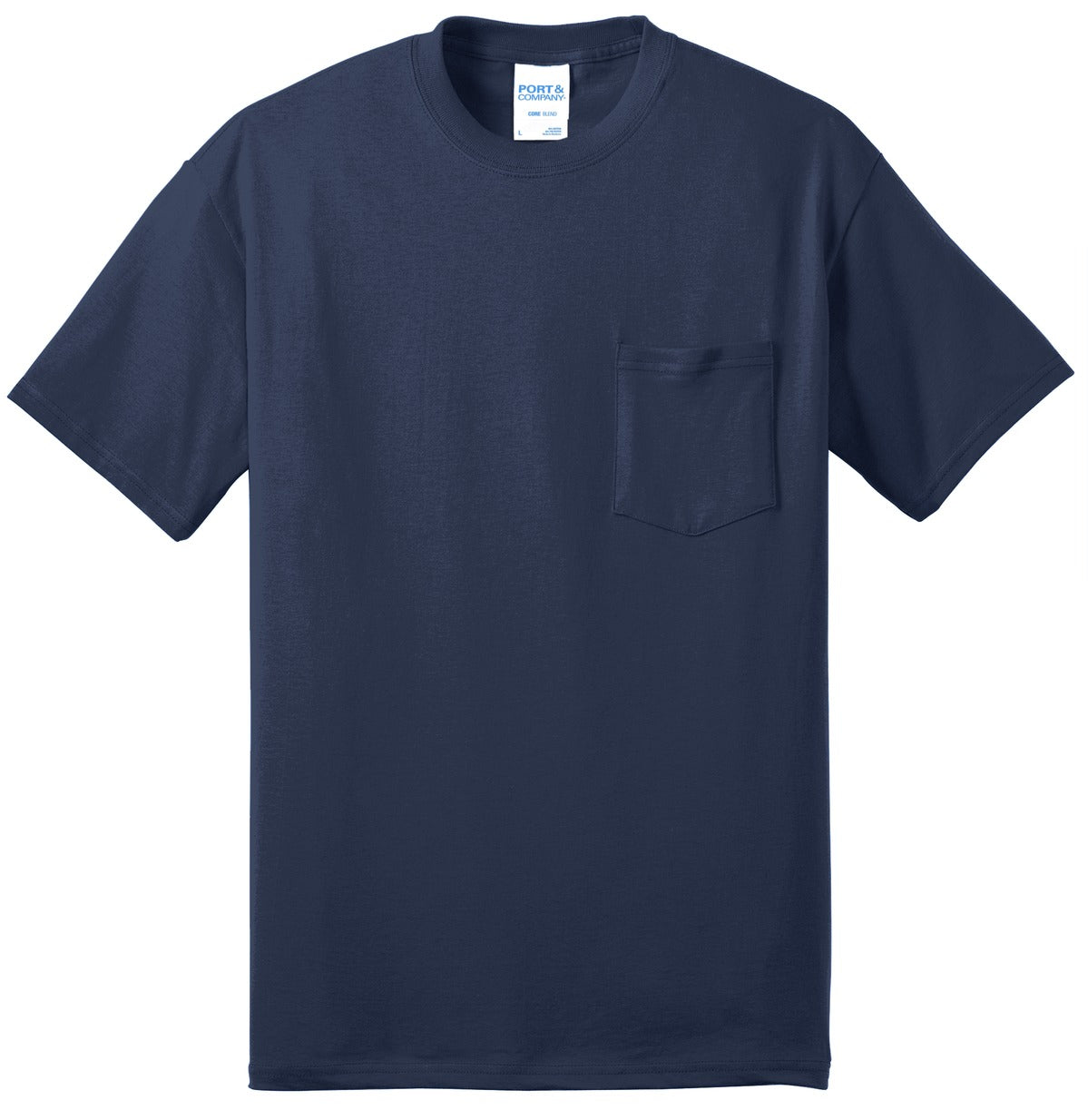Front View of Navy Port & Co Core Blend Pocket Tee. PC55P