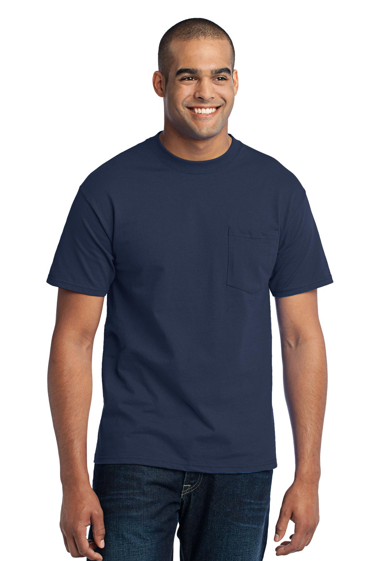 Front View of Navy Port & Co Core Blend Pocket Tee. PC55P