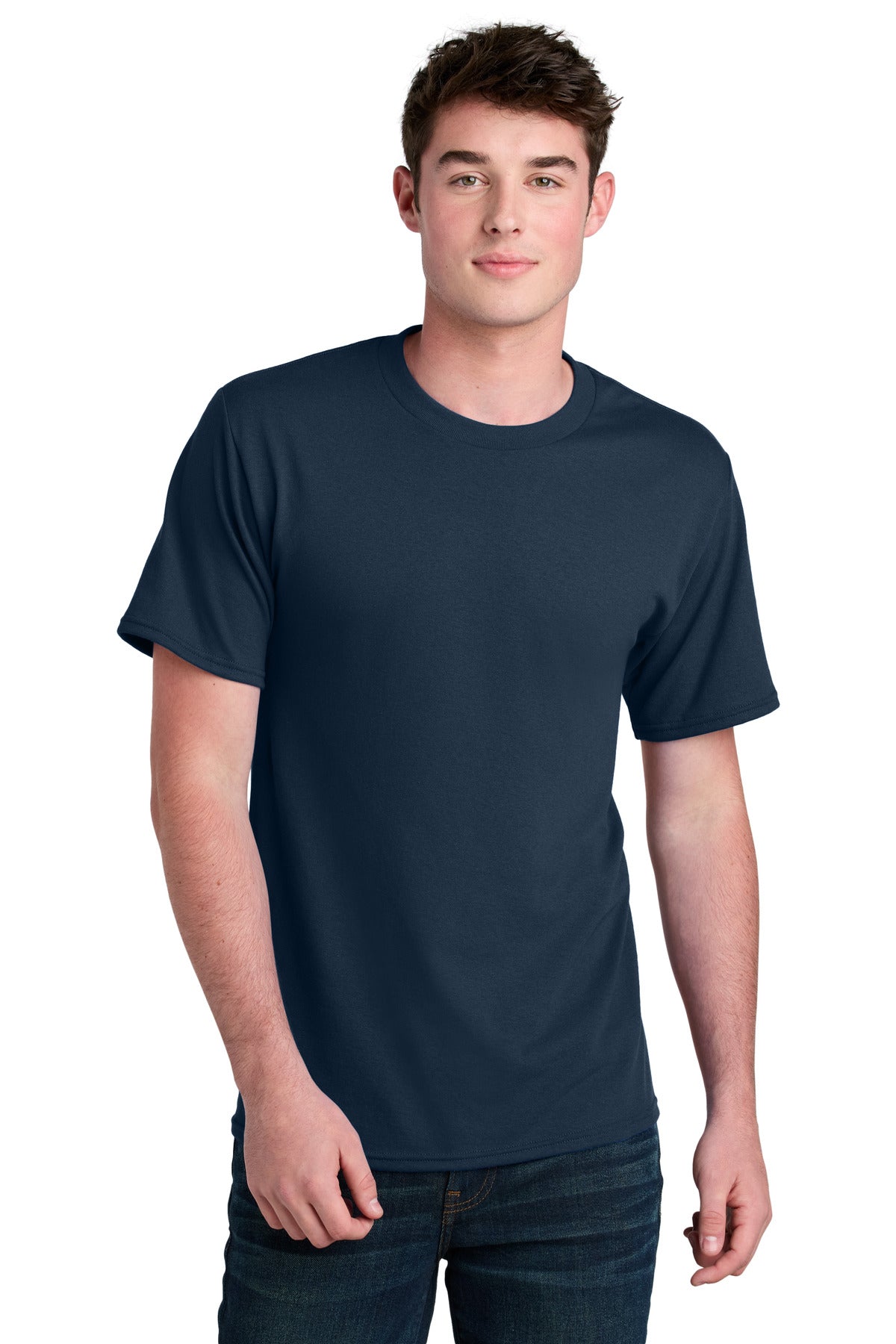 Front View of Navy Port & Co Core Blend Recycled Tee PC01