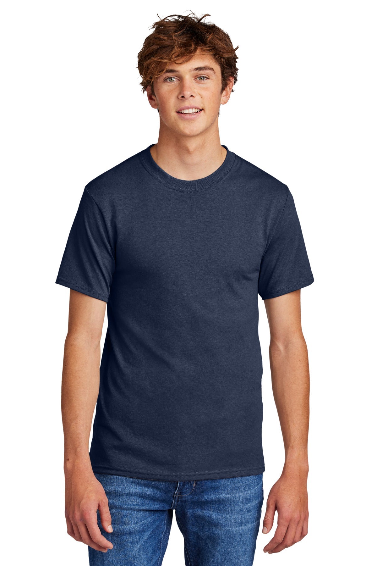 Front View of Navy Port & Co Core Blend Tee. PC55