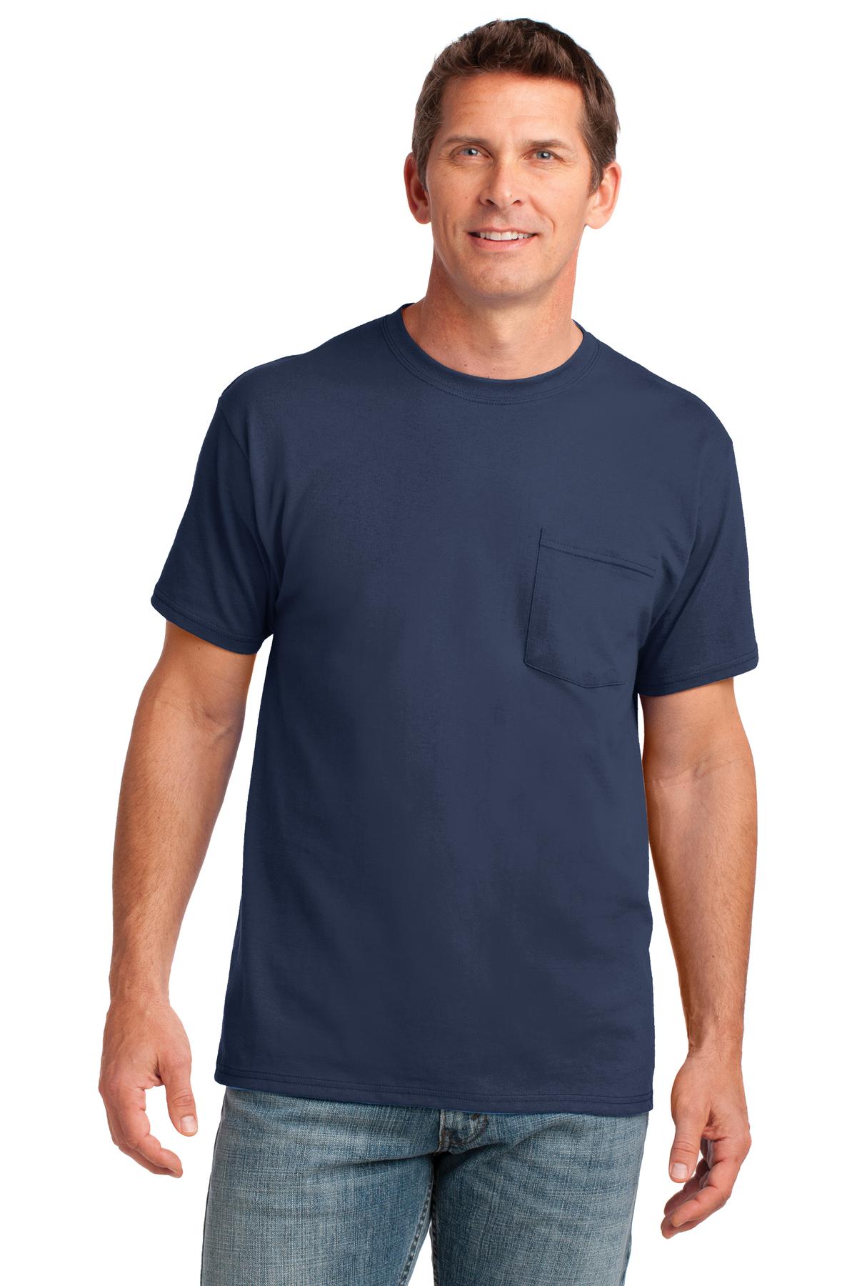 Front View of Navy Port & Co Core Cotton Pocket Tee. PC54P